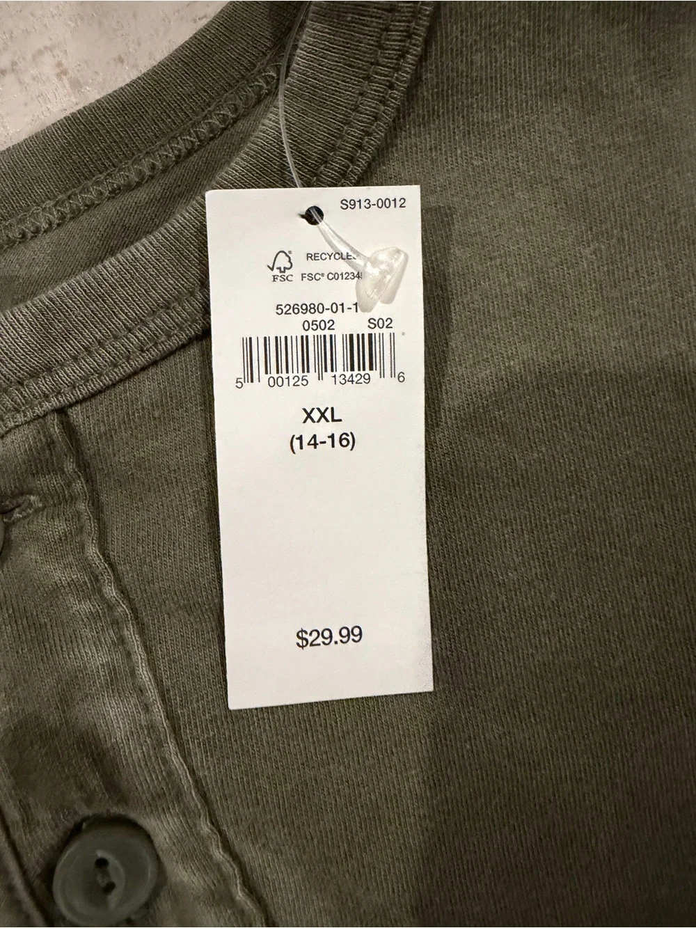 Gap Kids Boys Long Sleeve Henley Shirt – XXL (14–16) – Olive Green – NWT